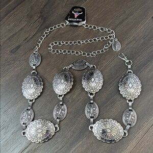 American Bison Western Chain Belt,oval silvertone conchos,versatile,sturdy trend